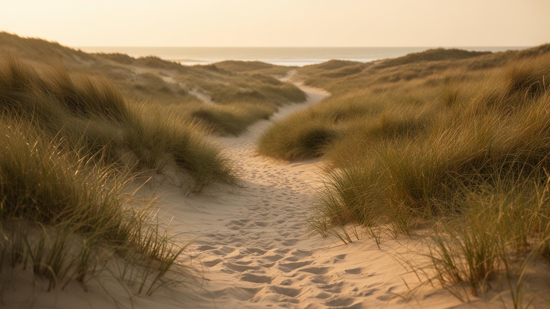 Rustig zandpad door duingras in warm avondlicht — symbool van terugkeren naar jezelf